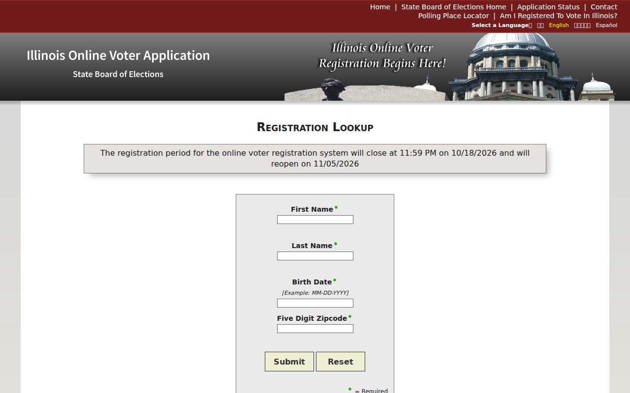 Cook County resident lookup through the Illinois voter registration form