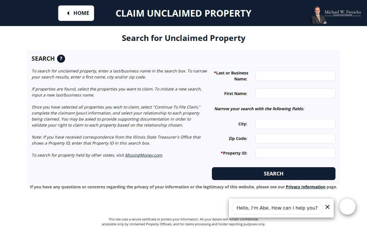 Cook County resident lookup through Illinois I-CASH unclaimed property