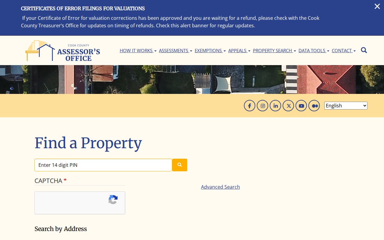 Cook County Assessor address search fields for a street directory query